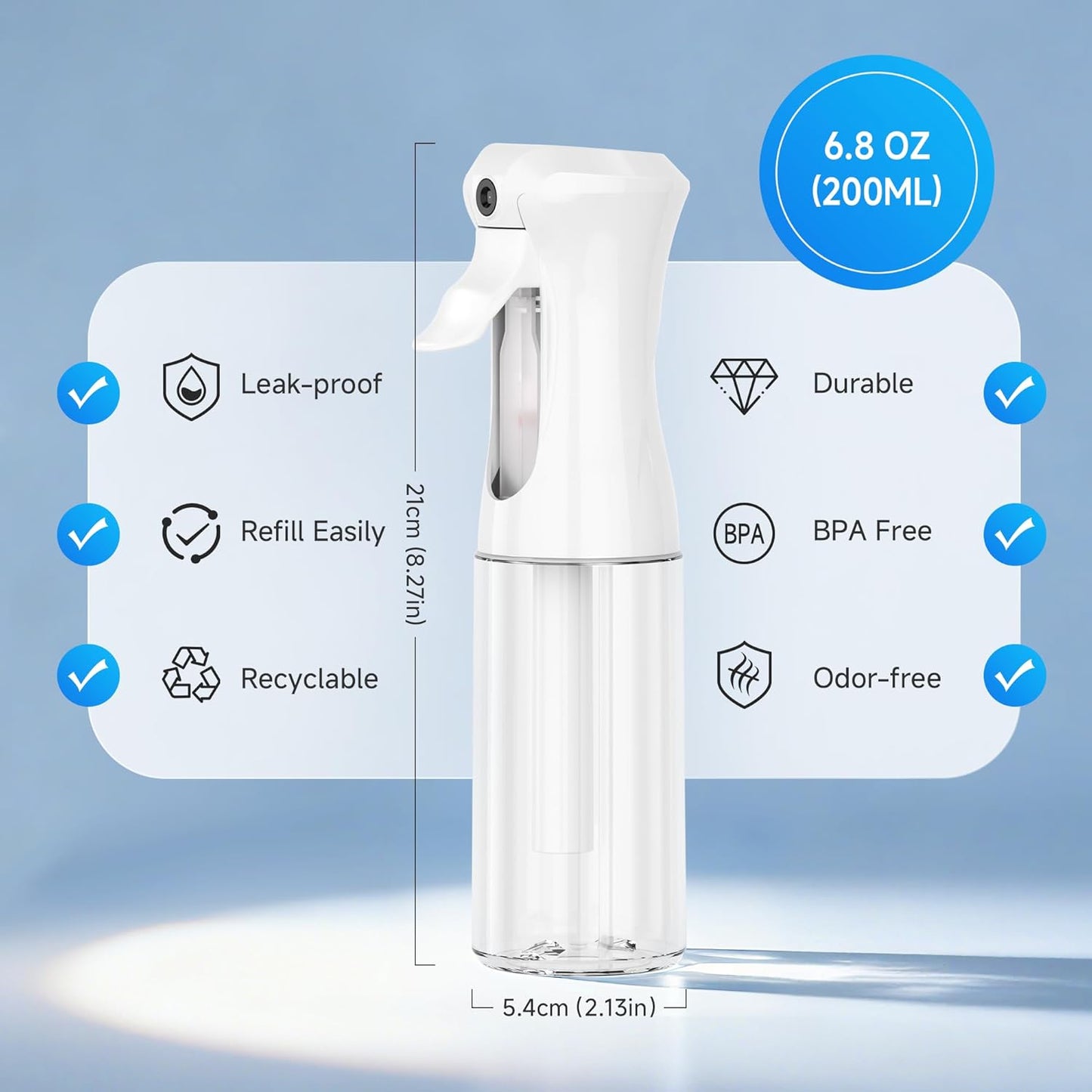 Continuous Spray Bottles - Ultra Fine Mist Refillable Water Sprayer for Hairstyling, Plants, Cleaning | 6.8 OZ (White)