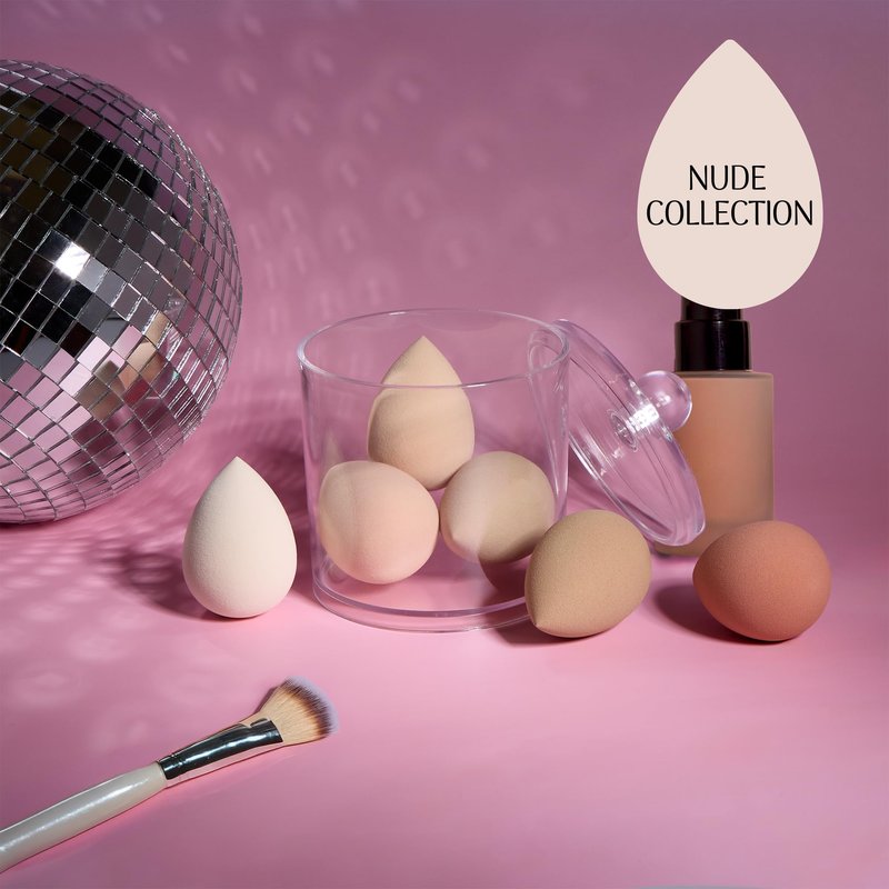 6pc Premium Makeup Blender Set -Professional Nude Beauty Sponge Collection with Bonus Reusable Organizer Jar - Flawless Foundation & Concealer Applicators