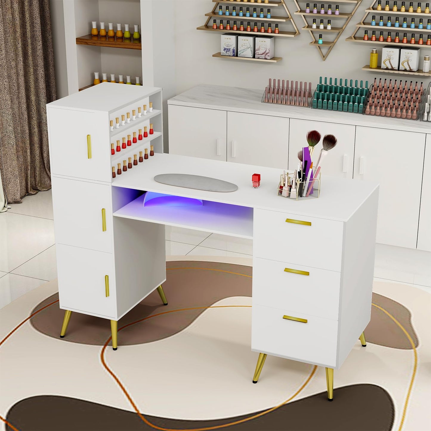 ARTETHYS Portable Nail Desk with Drawers White Manicure Table Nail Station with Shelves L-Shaped Salon Corner Nail Art Equipment for Nail Tech