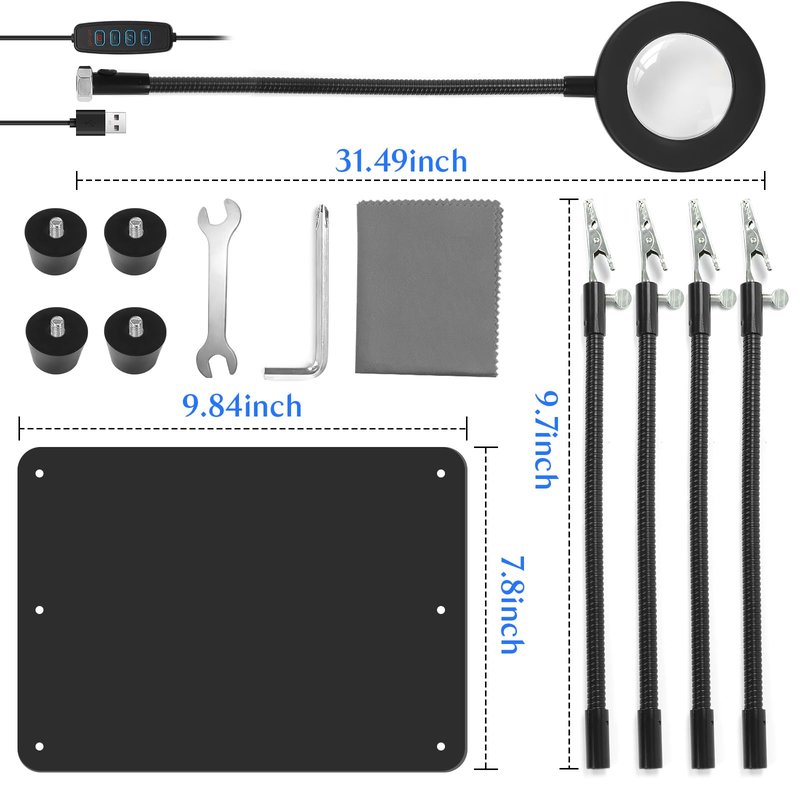 NZQXJXZ Helping Hands Soldering Station with 3X Magnifying Glass and Light, Soldering Holder Metal Circuit Board Holder 4 Flexible Metal Arms Magnetic Helping Hand for Soldering, Assembly, Repair