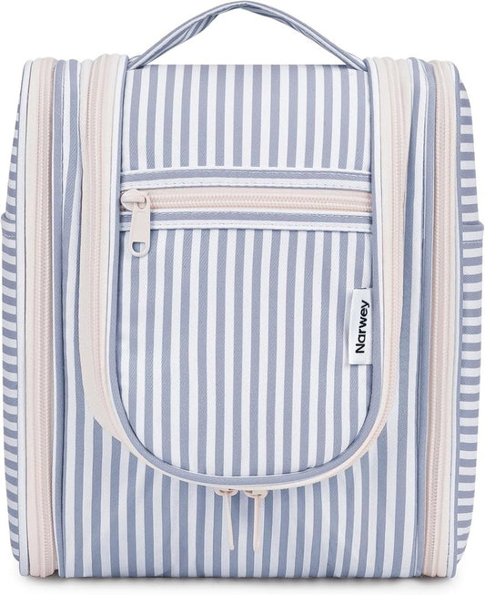 Small Striped Hanging Travel Toiletry Bag for Women - Makeup Organizer | Greyish Blue Stripe
