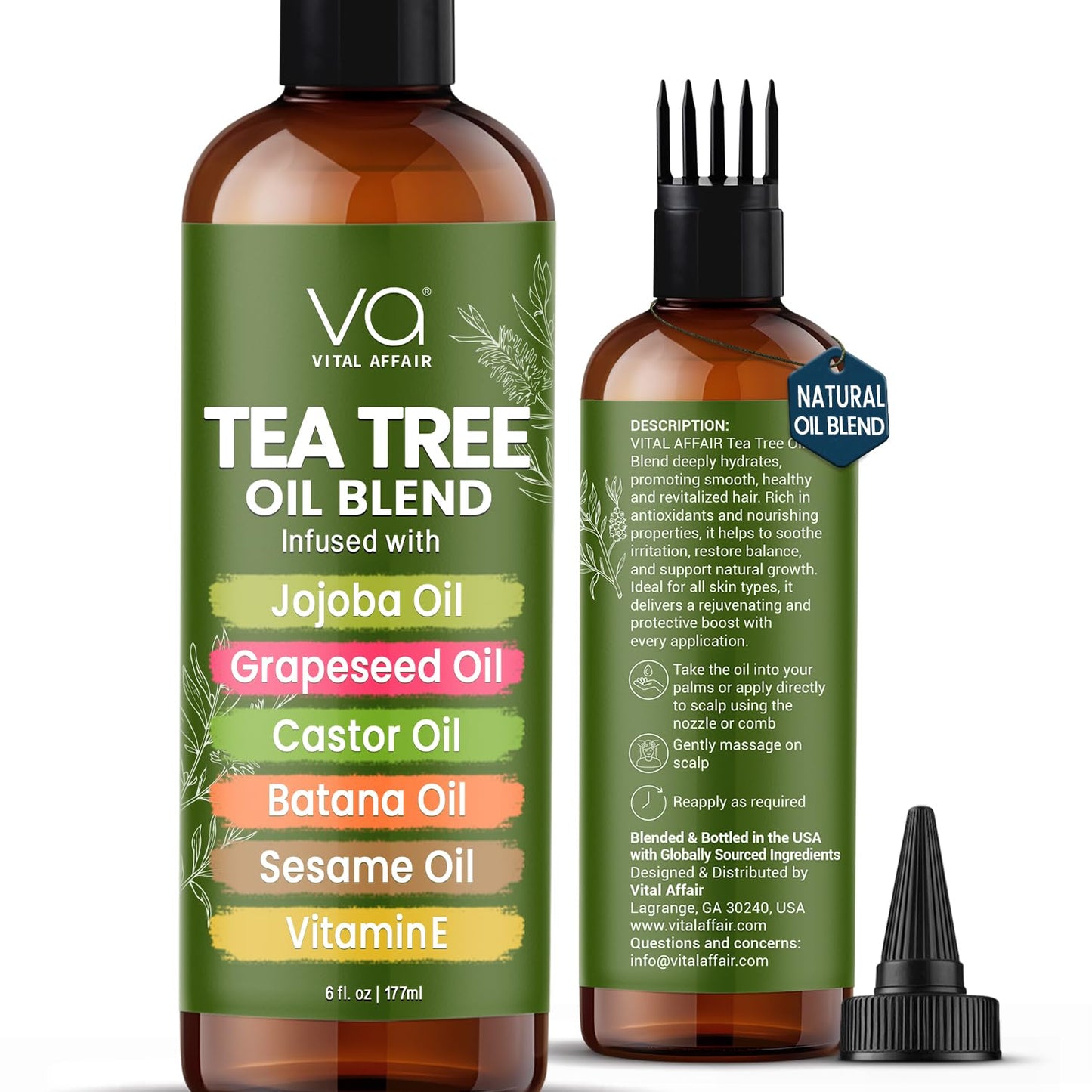 VITAL AFFAIR Tea Tree Oil For Hair With Jojoba, Castor, Batana Oil - Tea Tree Hair And Scalp Treatment - Hair Oil For Dandruff - Helps Strengthen, Volumize & Promotes Hair Growth - 6 Fl Oz