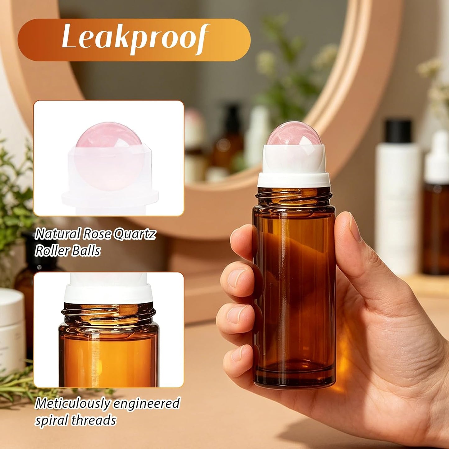 Rose Quartz Essential Oil Roller Bottles - 2 Pack Leakproof Amber Glass | 50ml & 30ml for Perfume & DIY