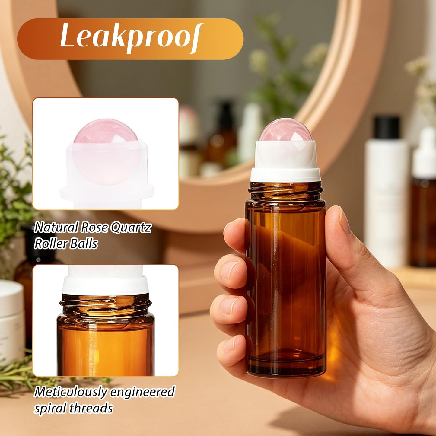 ORVEXILA 2 Pack Rose Quartz Essential Oils Roller Bottles, 50ml and 30ml Empty Leakproof Amber Glass Roll On Bottles for Perfume, Anointing, Travel, DIY