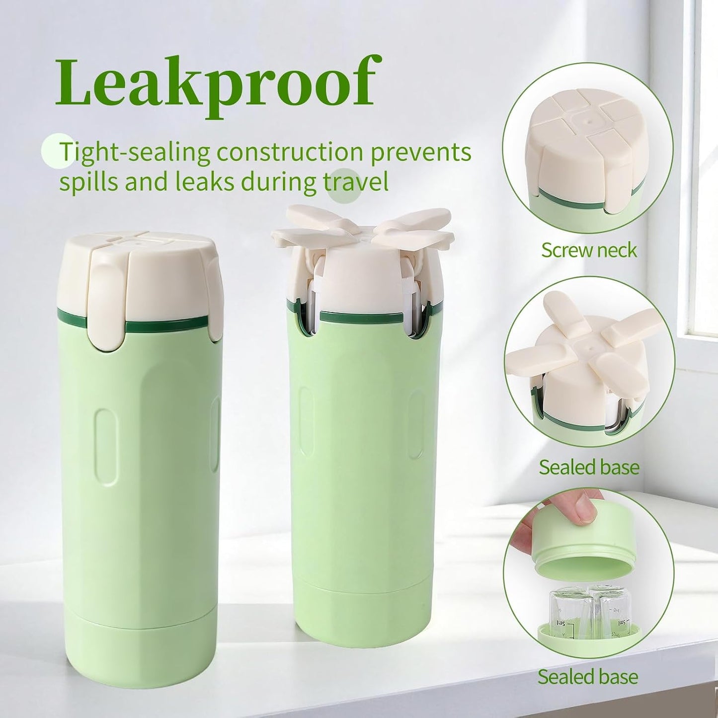 Travel Dispenser Set - 4 in 1 Leak Proof Refillable Bottles for Shampoo, Conditioner, Lotion | Portable Toiletry Containers (Green)