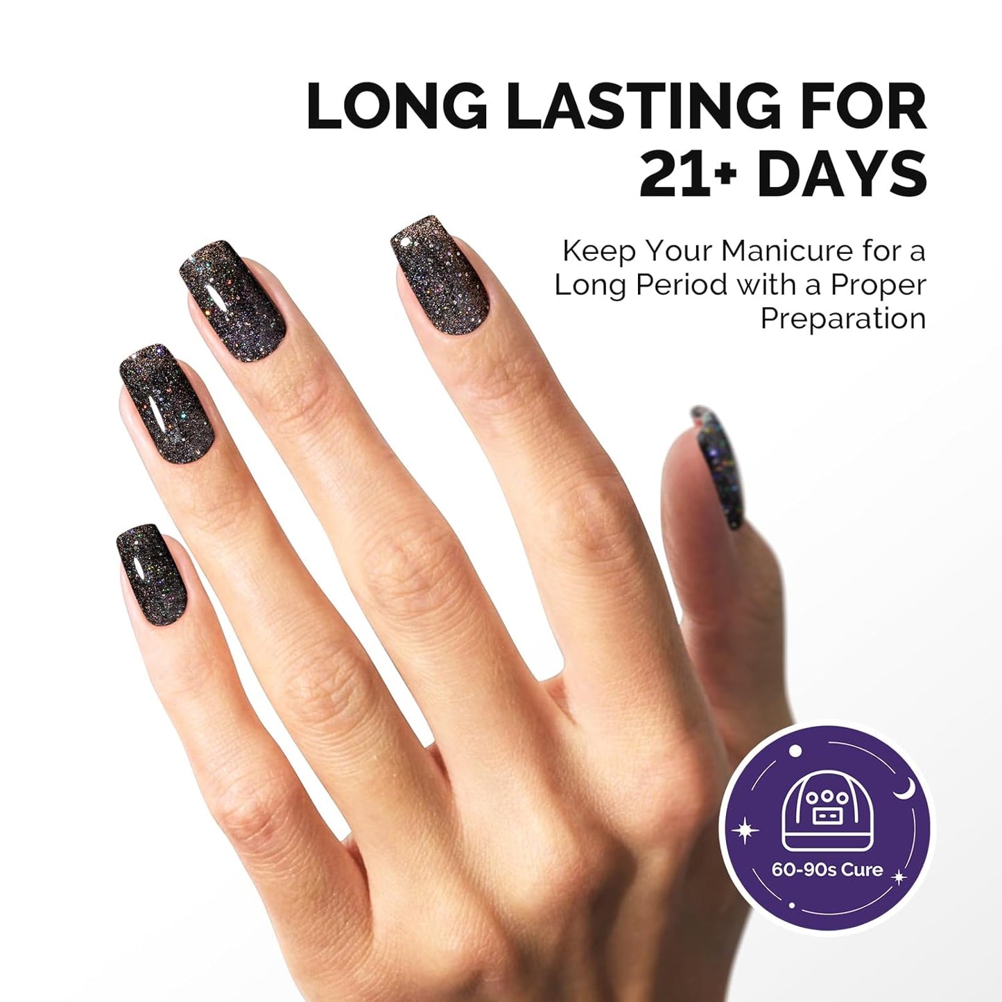 Gel Nail Polish - Black Glitter Soak Off UV LED Cured 15ML | Sparkly Shimmer for DIY Nail Art