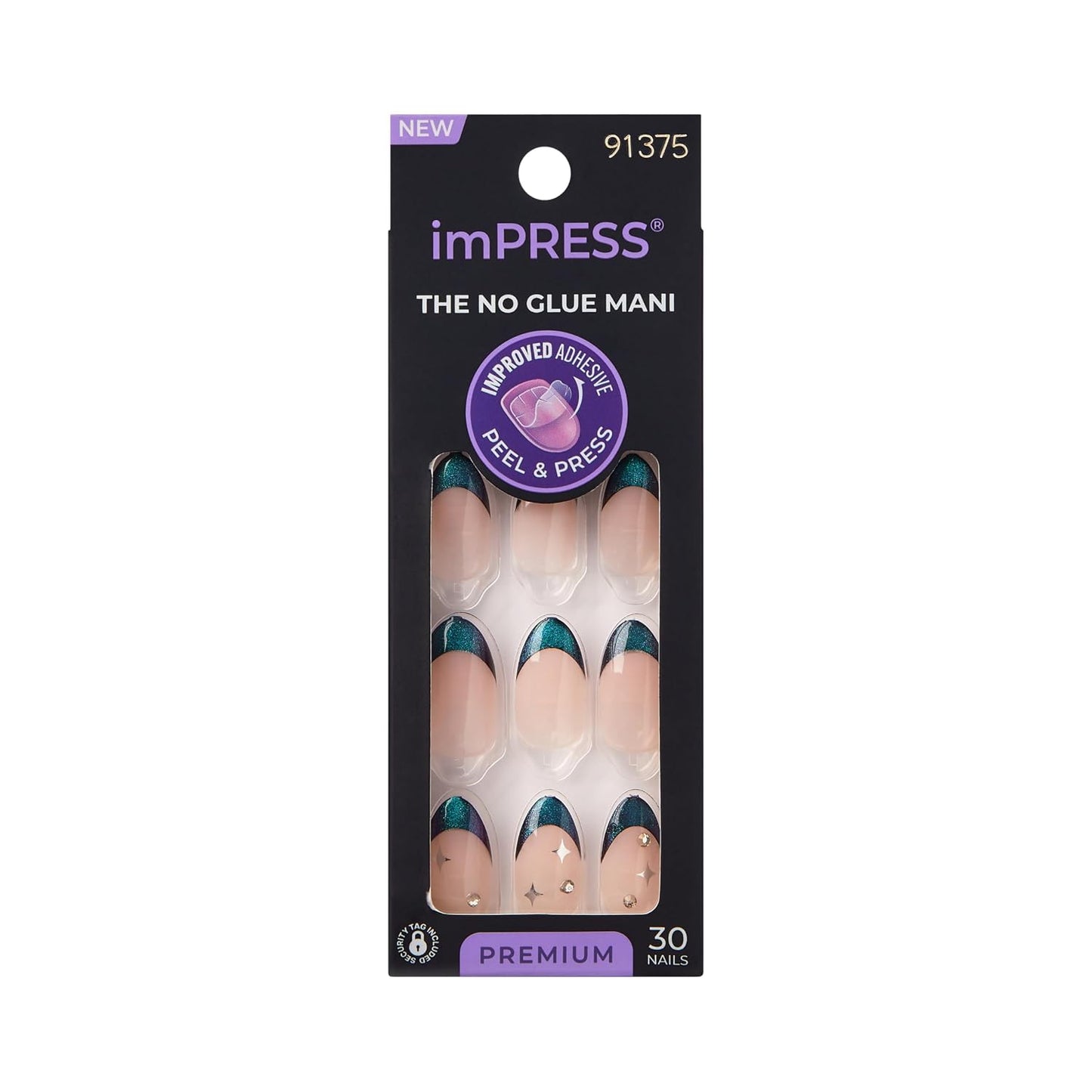 KISS imPRESS Press-On Manicure - Gray V-Cut Stone Fake Nails | Medium Ballerina/Coffin Shape, Easy Application, 30 Count