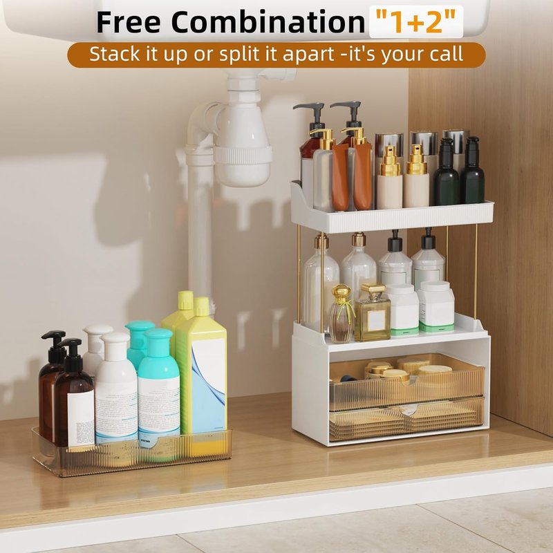 Makeup Organizer with 3 Large Drawers - 5 Tier Bathroom Storage & Versatile Vanity Organizer | Ideal for Cosmetics, Skincare, Face Masks, Amber