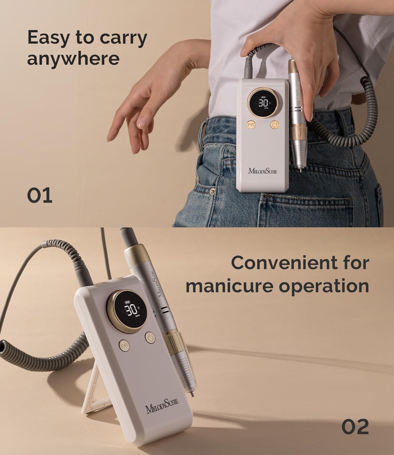 MelodySusie Nail Drill - Cordless 2-in-1 E-File 30000RPM for Manicure & Gel Removal | Adjustable Stand