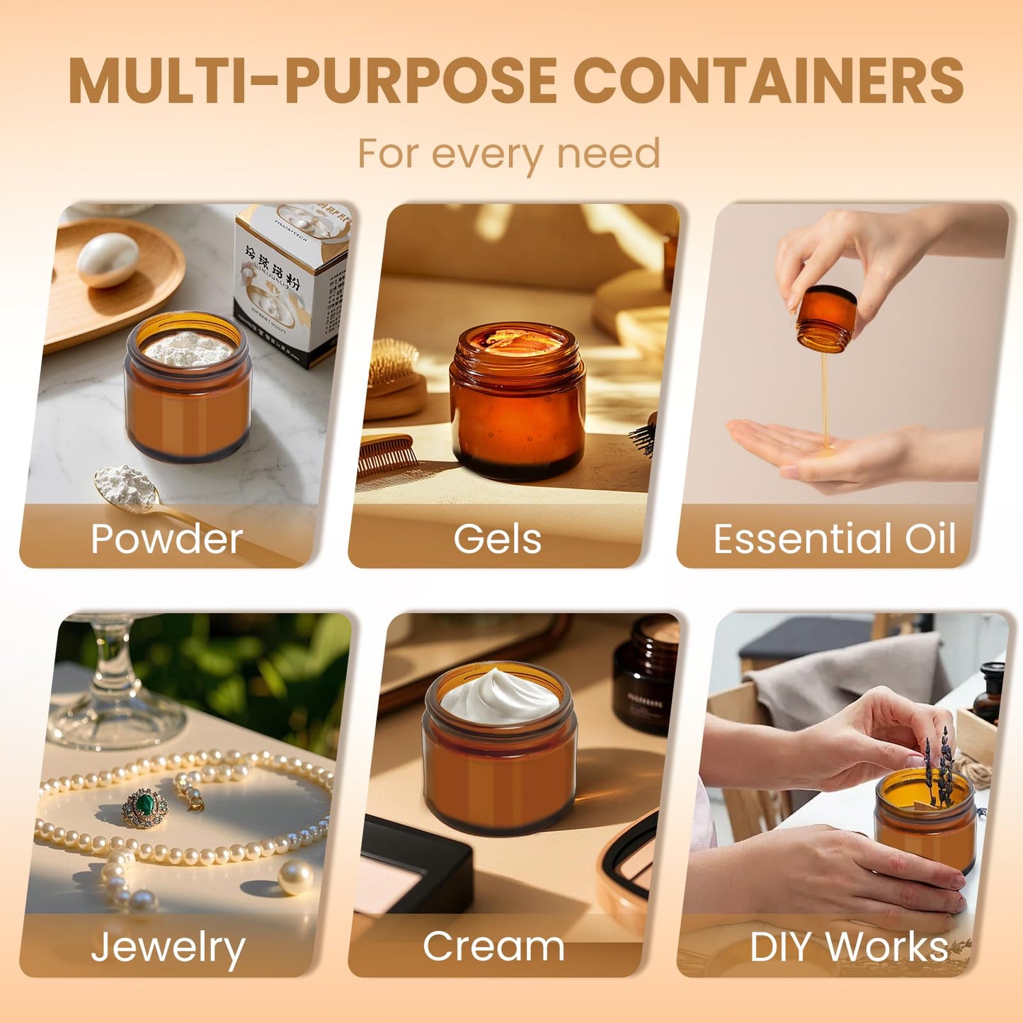 UPBUD Amber 2oz Glass Jars with Lids - 24 Pack Brown Small Cosmetic Containers with Stickers & 2 Spoons, Wide-Round Smooth Mouth, Sealable for Creams, Lotions, Body Butter, Travel Samples