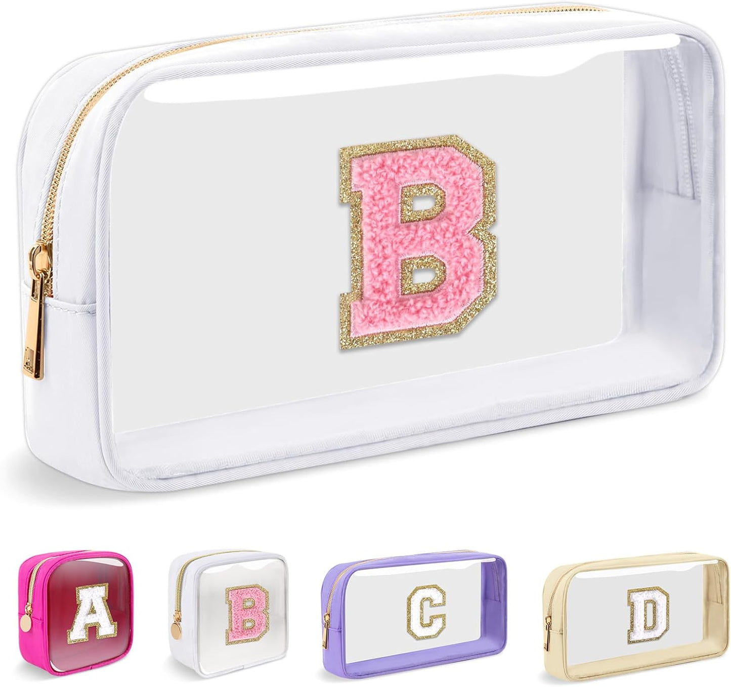 Personalized Initial Makeup Bag - Waterproof Nylon Cosmetic Pouch | A-Z Chenille Letter Patch, White-Pink G