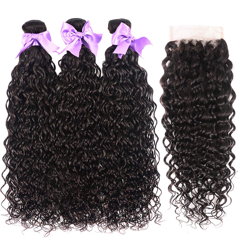 Water Wave Bundles With Closure (16 18 20 +14) Brazilian Virgin Human Hair Curly Wave 3 Bundles with Closure Free Part Wet and Wavy Human Hair Weave Bundles With 4inch x 4inch Closure Natural Color