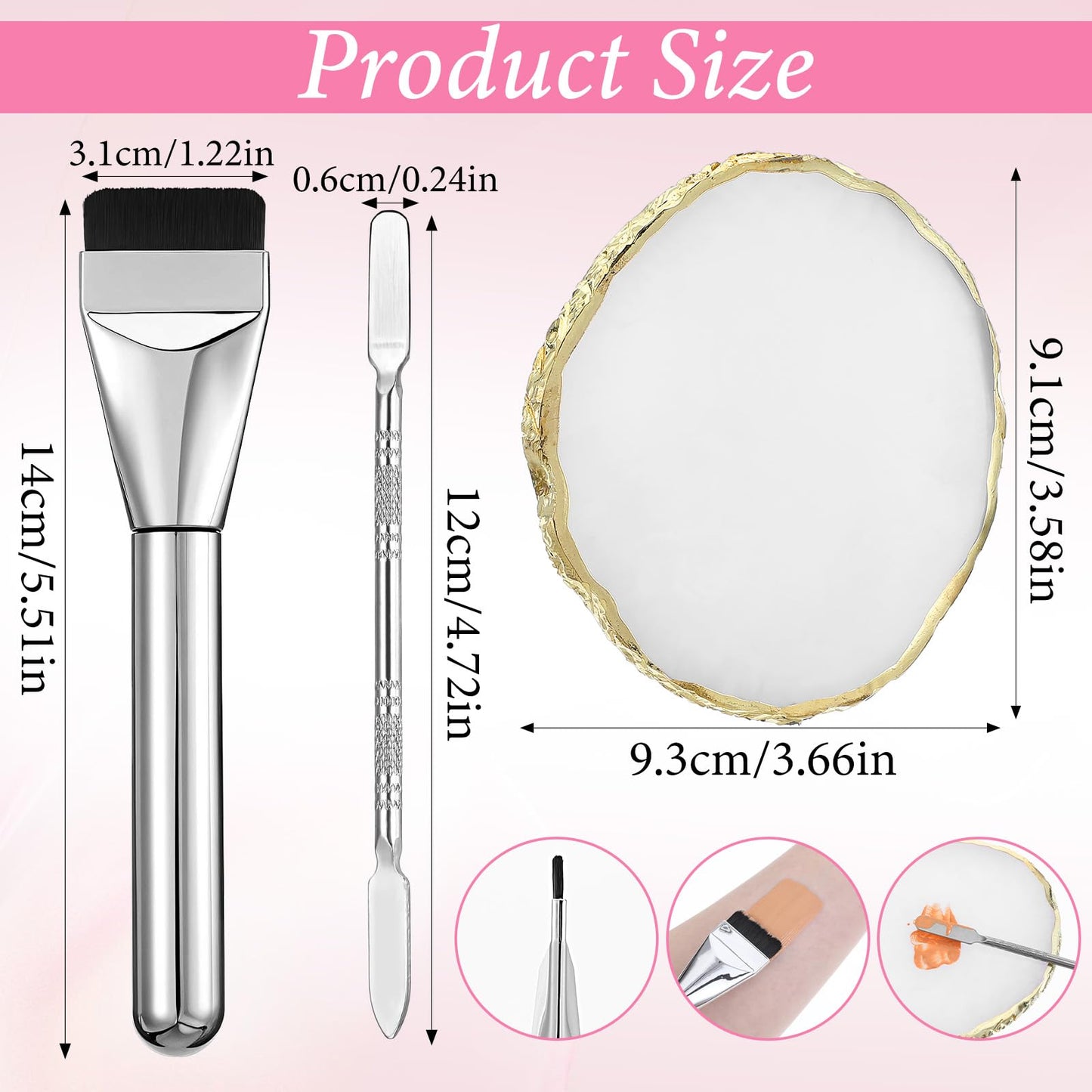 3PCS Resin Makeup Mixing Palette Set, Makeup Mixing Tray, Nail Polish Palette, Flat Foundation Brush and Spatula, DIY Gel Design Nails Eye Shadow Blending Art Tool Gold Edge