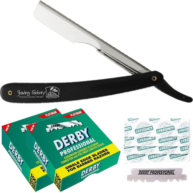 The Shave Factory Black & Silver Straight Edge Razor, Single Edge Blade Compatible Shaving Kit, Easy Replaceable Blade Razor