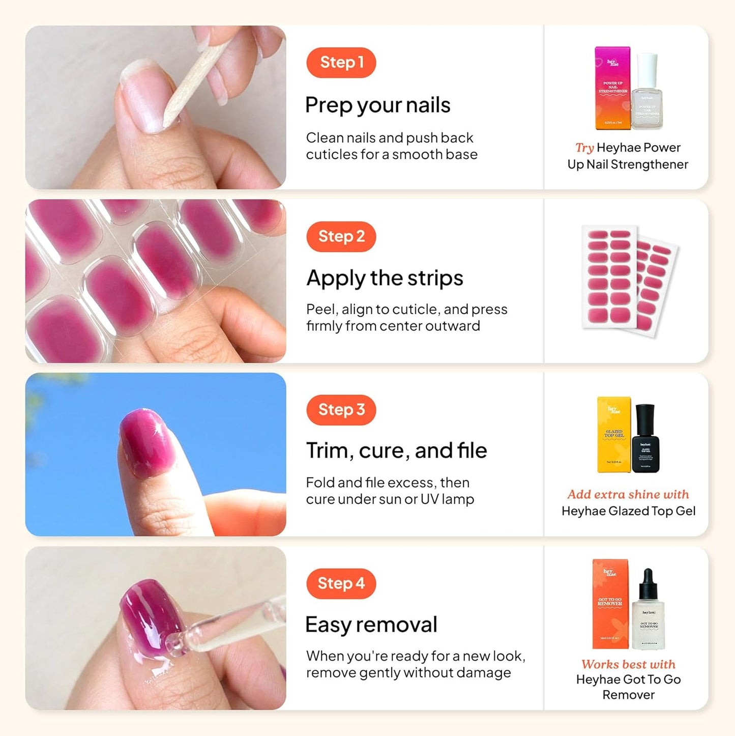 Heyhae Semi Cured Gel Nail Strips - Solid Red, No LED Lamp Required | 28 Strips, Easy Apply & Remove