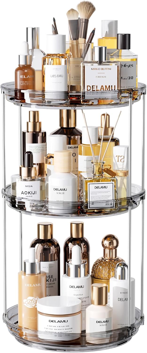 Rotating Makeup Organizer - 2 Tier Stackable Vanity Storage | Clear Skincare & Perfume Holder