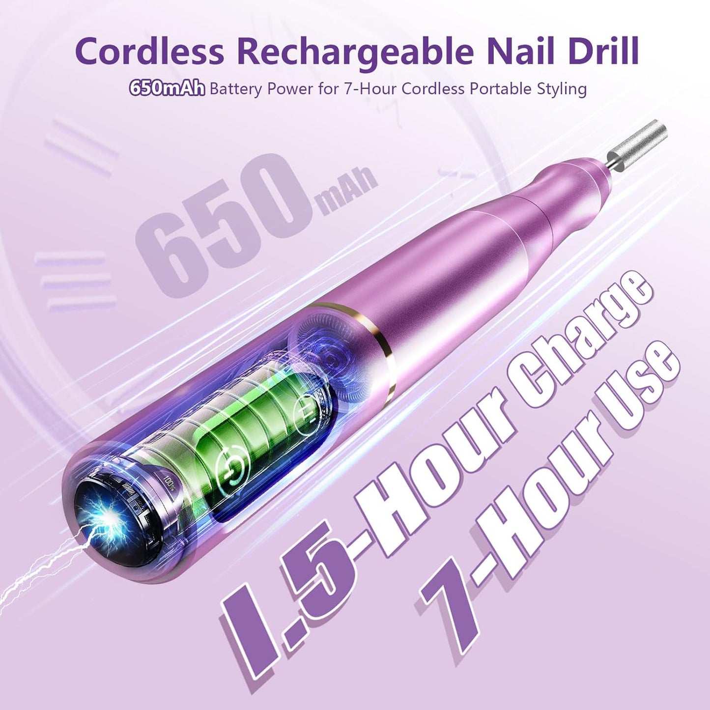 Cordless Nail Drill Electric Nail File Kit - Rechargeable Efile Set | Portable Manicure & Pedicure Tool, 11 Bits, Purple