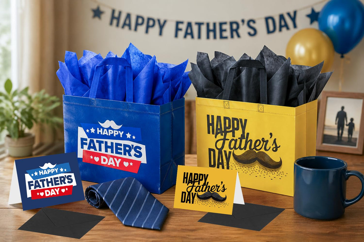 ysmile 2 Pack Fathers Day Gift Bag with Tissue Paper Medium Size, Reusable Non Woven Fathers Gifts Bag with Handle for Dad, Grandpa