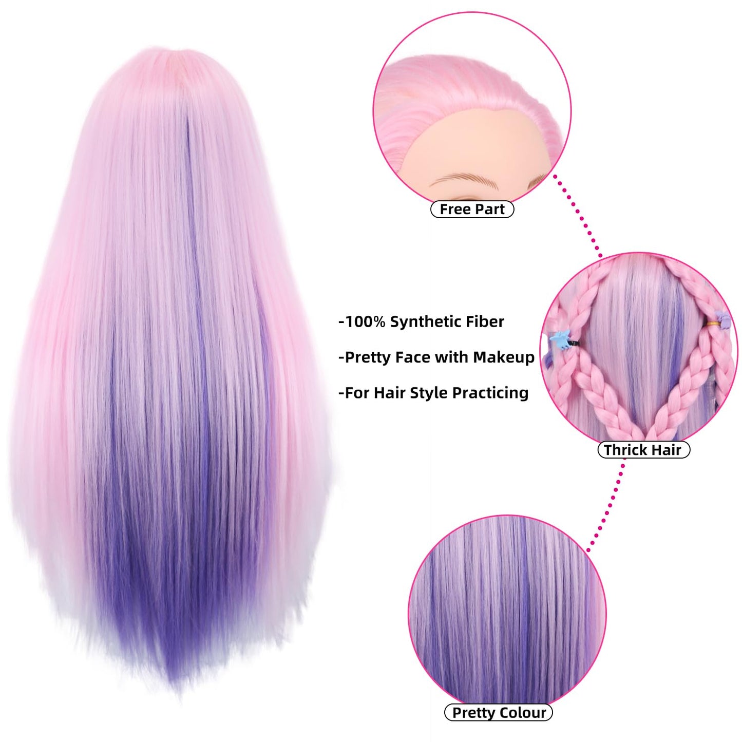Mannequin Head for Hair Styling - 29'' Cosmetology Training Head with Clamp Holder | Pink Purple
