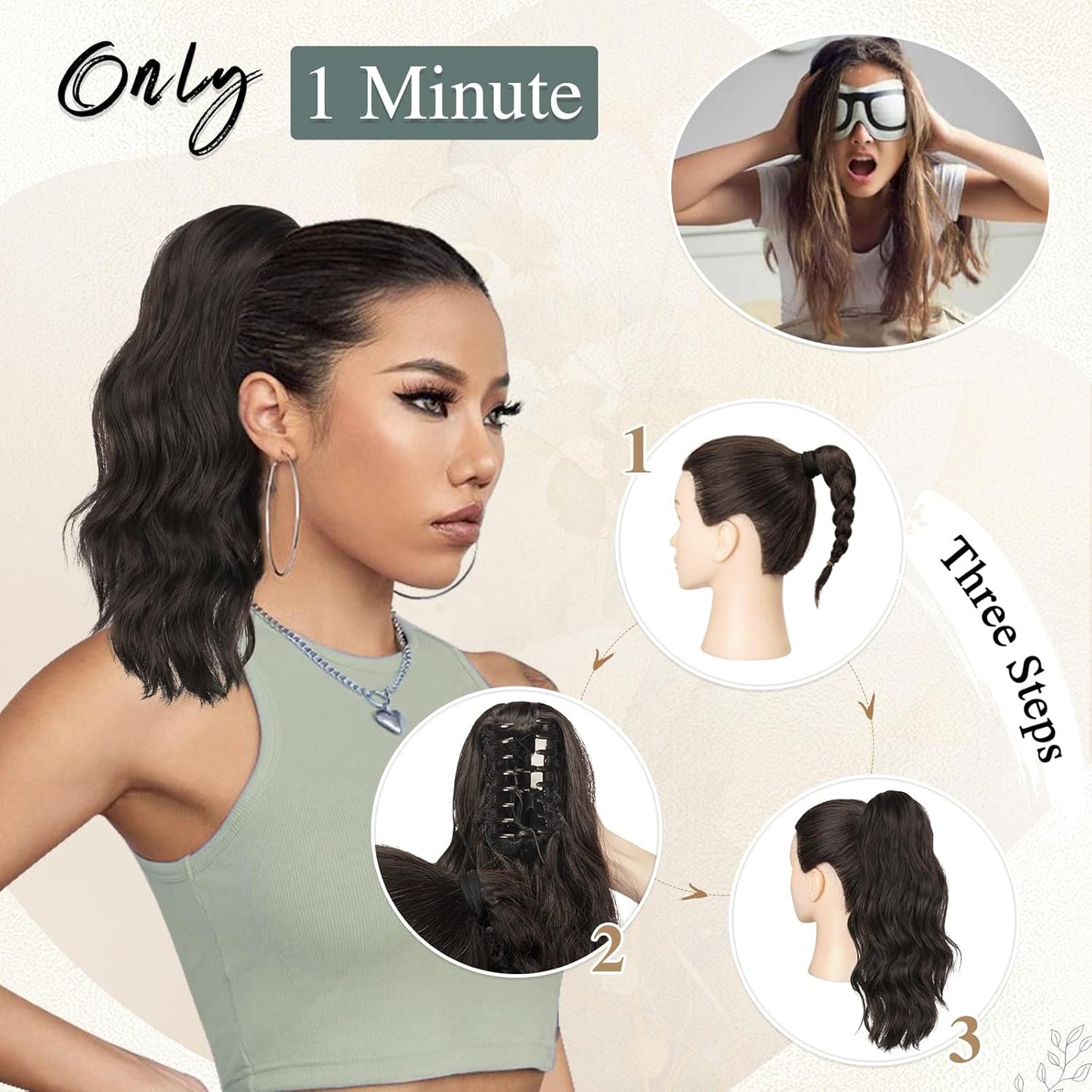 Ponytail Extension - Short Wavy Claw Clip-In Synthetic Hairpiece | Black Layered Curly Drawstring for Women