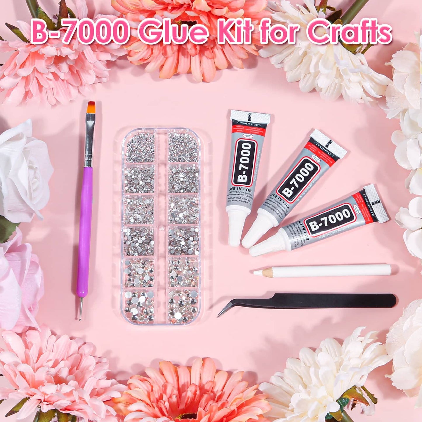 Audab B7000 Jewelry Adhesive Glue with Glass Rhinestones for Crafts, 2100Pcs Flat Back Gems Crystal Not Resin Rhinestones with Tweezer Clear Glue for DIY Clothes Fabric Shoes Jewelry Making Nail Art