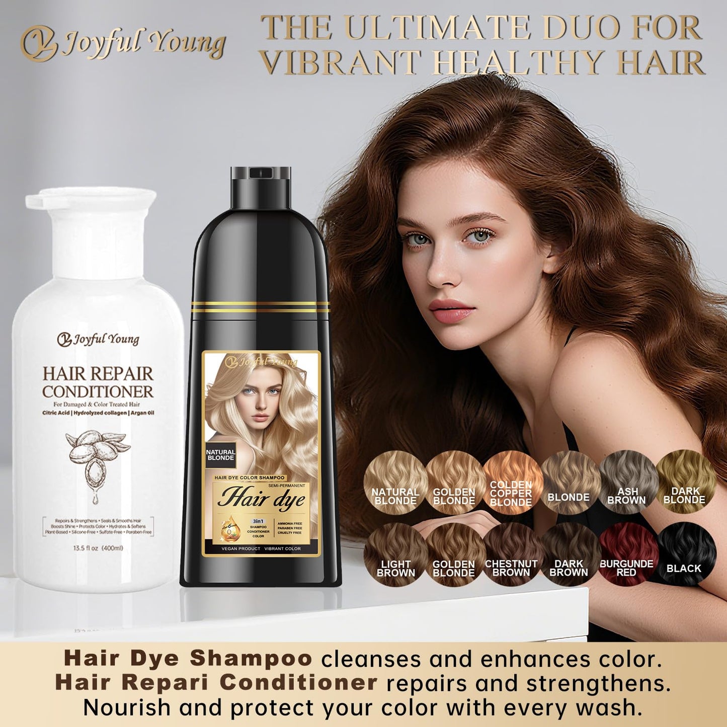 Natural Hair Dye Shampoo & Conditioner Bundle - 3-in-1 Gray Coverage & Deep Moisture | Vegan, Sulfate-Free, 2x400ml (Champagne Blonde)