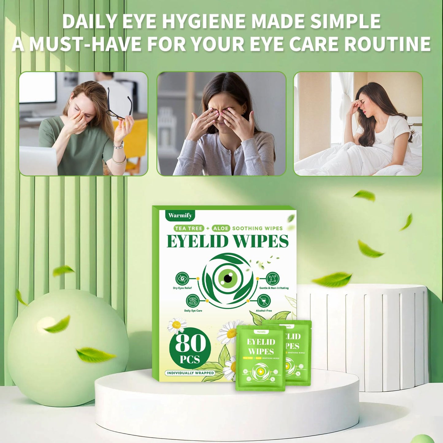 80 Pcs Tea Tree Oil Eyelid Wipes, Individually Wrapped Eye Lid Cleansing Wipes for Sensitive Eyes, Gentle Daily Eyelid Cleanser for Dry Eyes, Lash & Lid Hygiene, Alcohol-Free