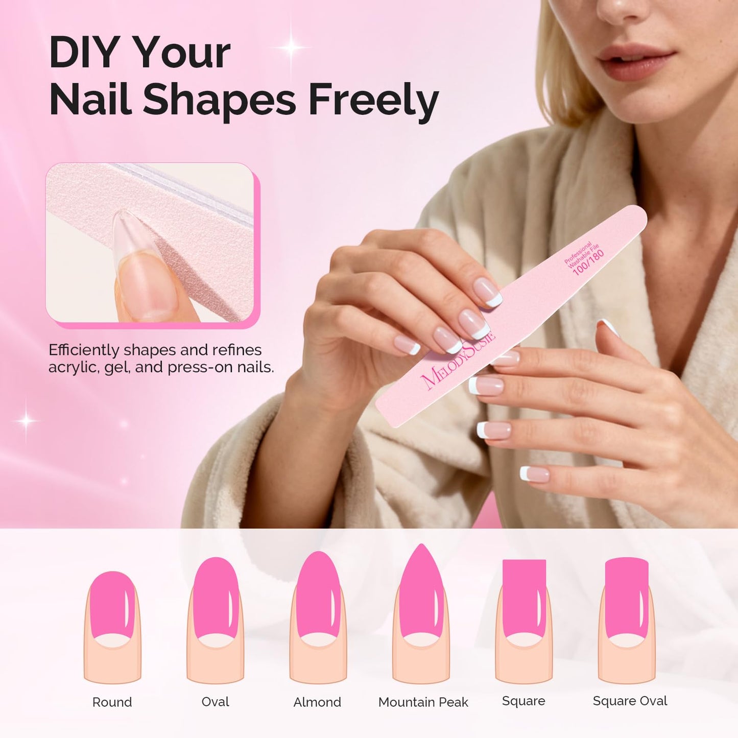MelodySusie 10Pcs Nail Files 100/180 Grit, Mixed-Shape Double Sided Emery Boards Bulk Pack for Acrylic, Gel and Natural Nails, Professional Manicure Pedicure Shaping Tools for Home Salon, Pink