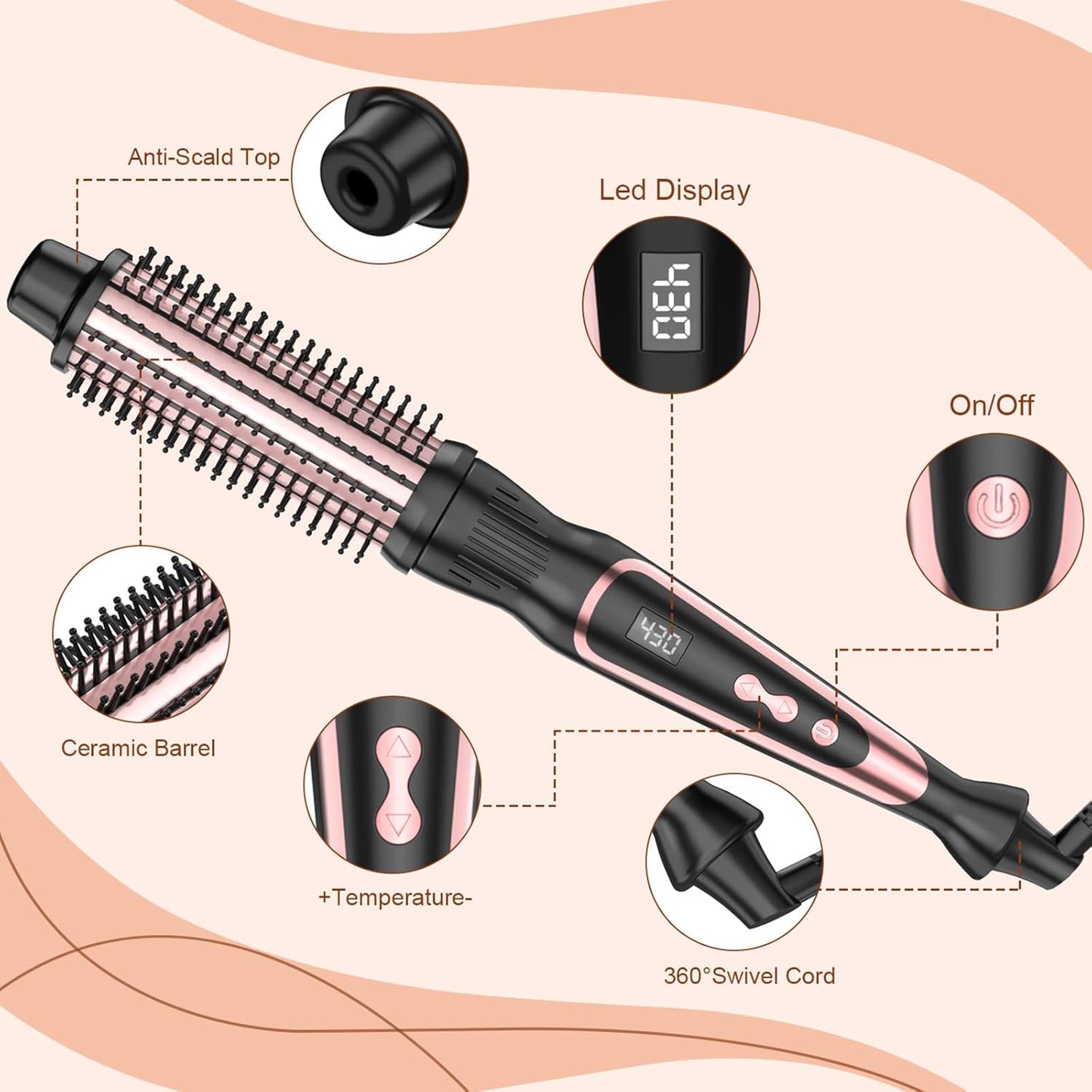 1-Inch Thermal Brush Curling Iron - Volumizing Heated Round Brush with Ceramic Tourmaline | Rose Gold