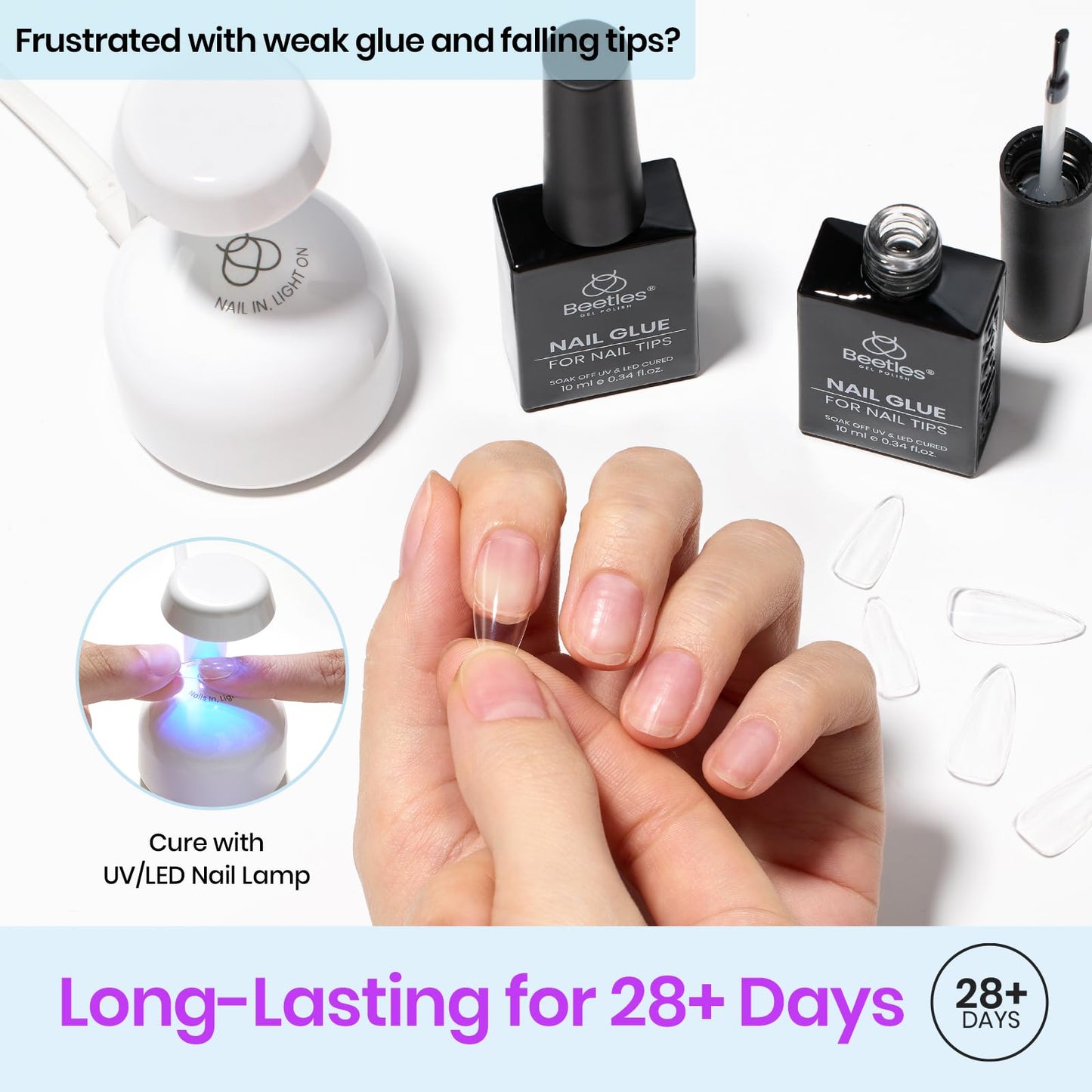 Beetles 9 in 1 Gel Nail Glue for Acrylic Nails Tips, 2Pcs 10ml Super Strong Nail Glue for Clear False Nails Tips, Base Coat Rhinestones Blooming Art, Summer Nails, Long Lasting, Need U V Light Cure
