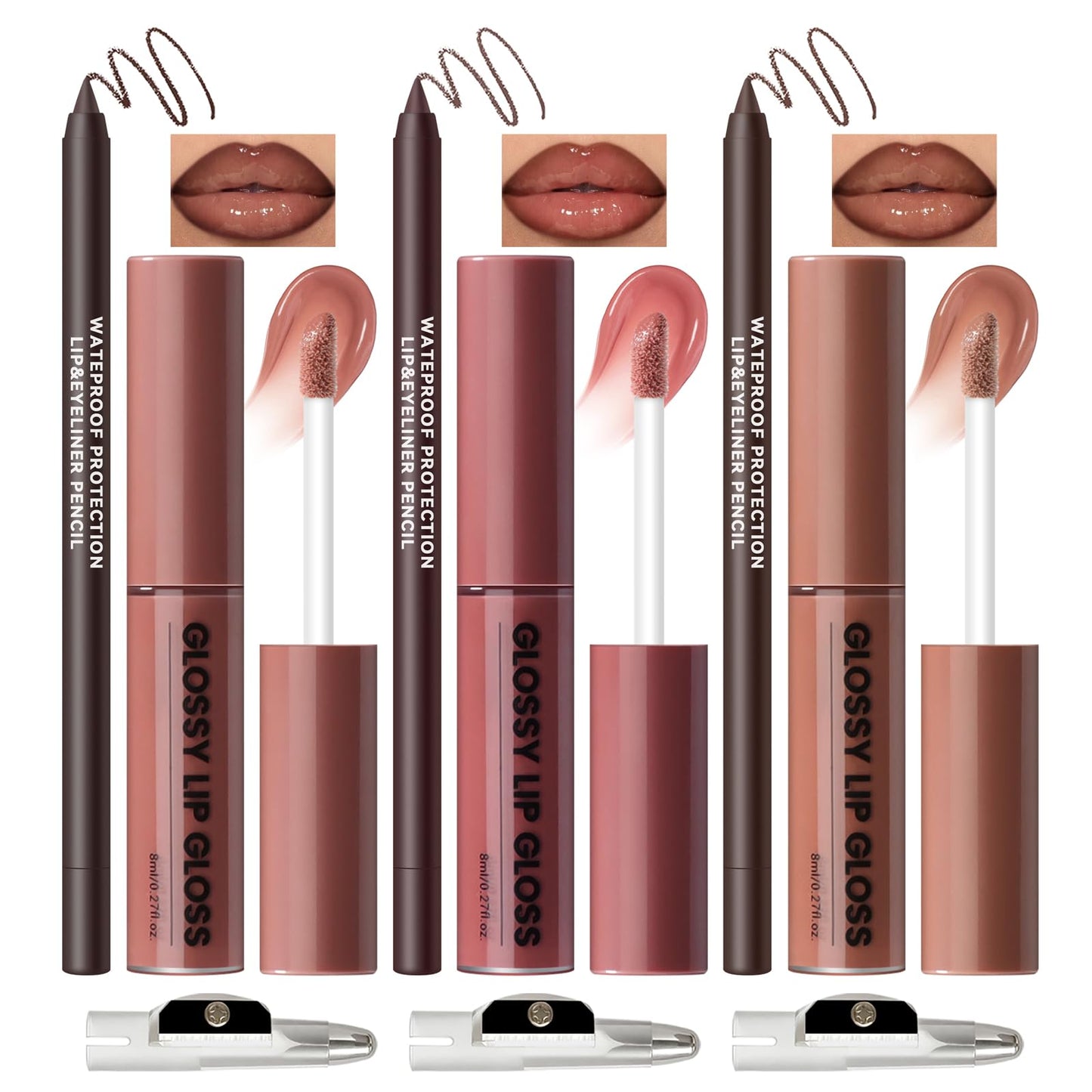 Noerrors 6pcs Natural Nude Lip Combo Sets, Moisturizing High Shine Lip Kit with Creamy Brown Lip Liner and Long Lasting Nourishing Gloss for Women, Plumping Fresh Glossy Effect for Volume Lips Makeup