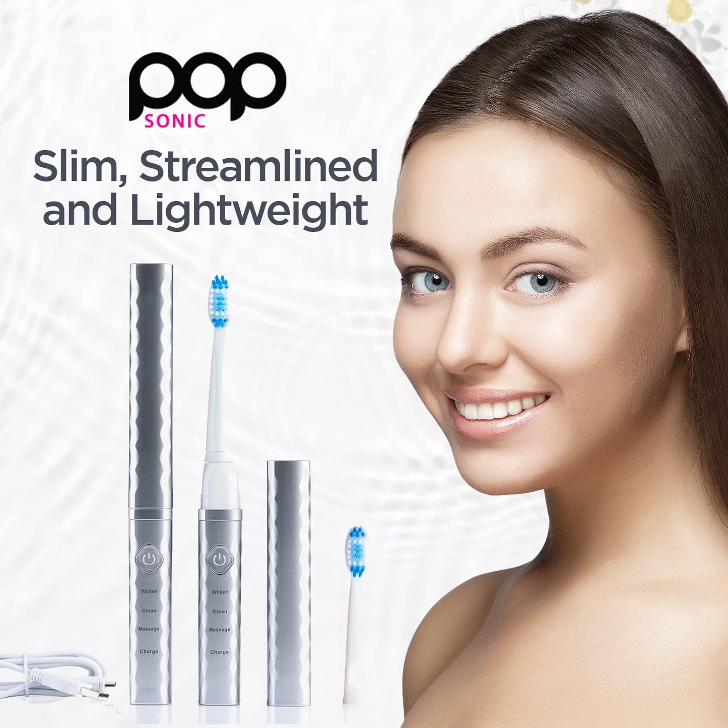 Pop Sonic USB Charge Anywhere Toothbrush(Silver) | Rechargeable Toothbrush w/Up to 40,000 Brush Strokes/Minute-Long-Lasting Dupont Nylon Bristles -Teens & Adult with Quadrant Pacer & Timer