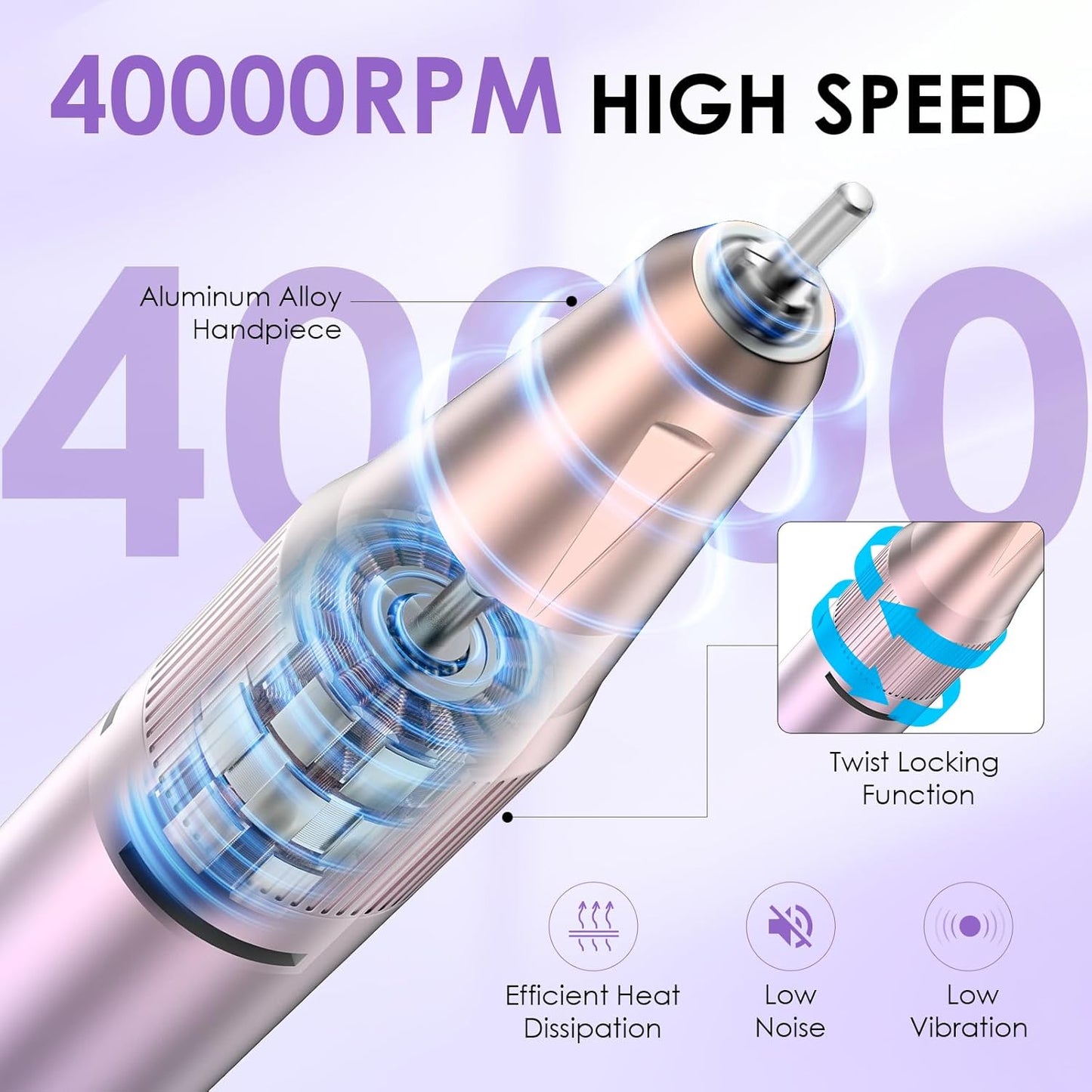 Electric Nail Drill - 40000RPM Professional E-Filer with 15 Bits | Portable Acrylic Gel Nail File (Purple)