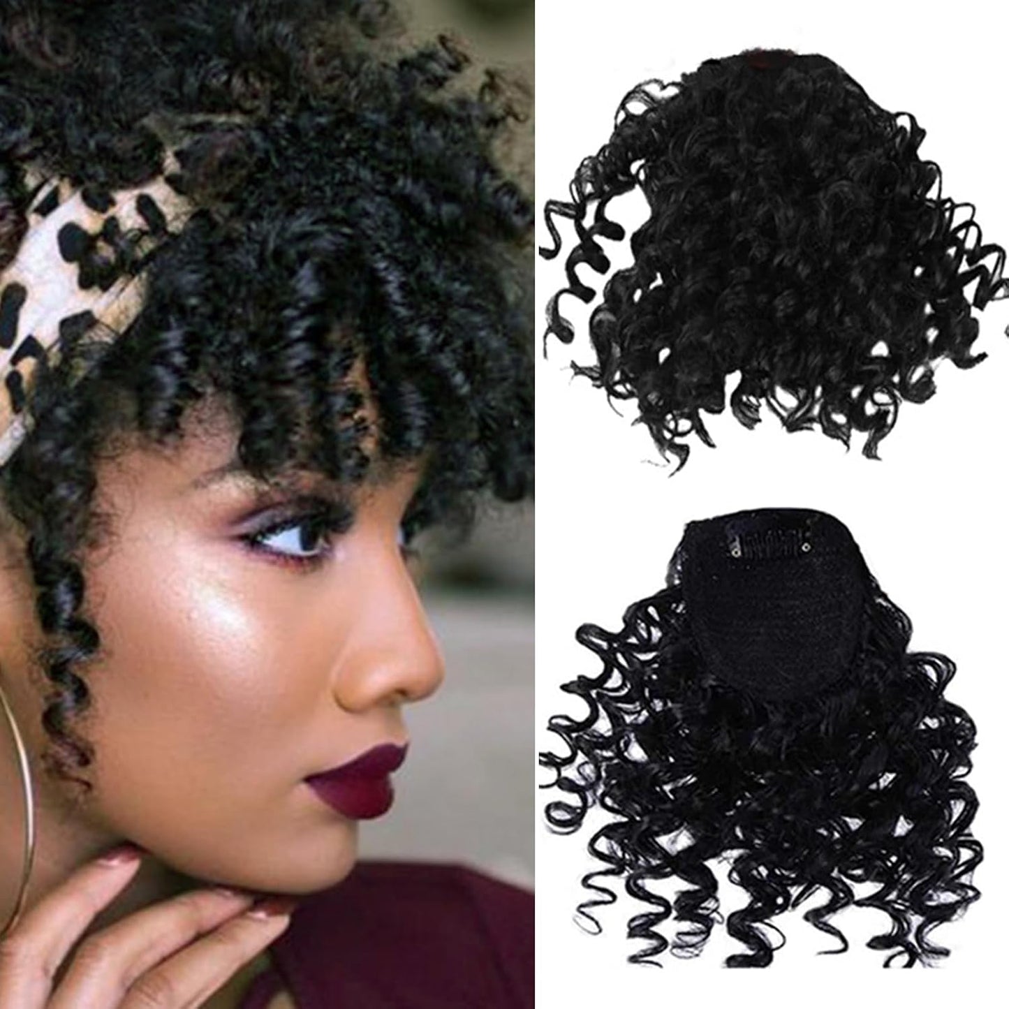 Afro Puff Drawstring Ponytail Extension - Curly Bangs Clip for Black Women | Synthetic Hairpiece (Black)