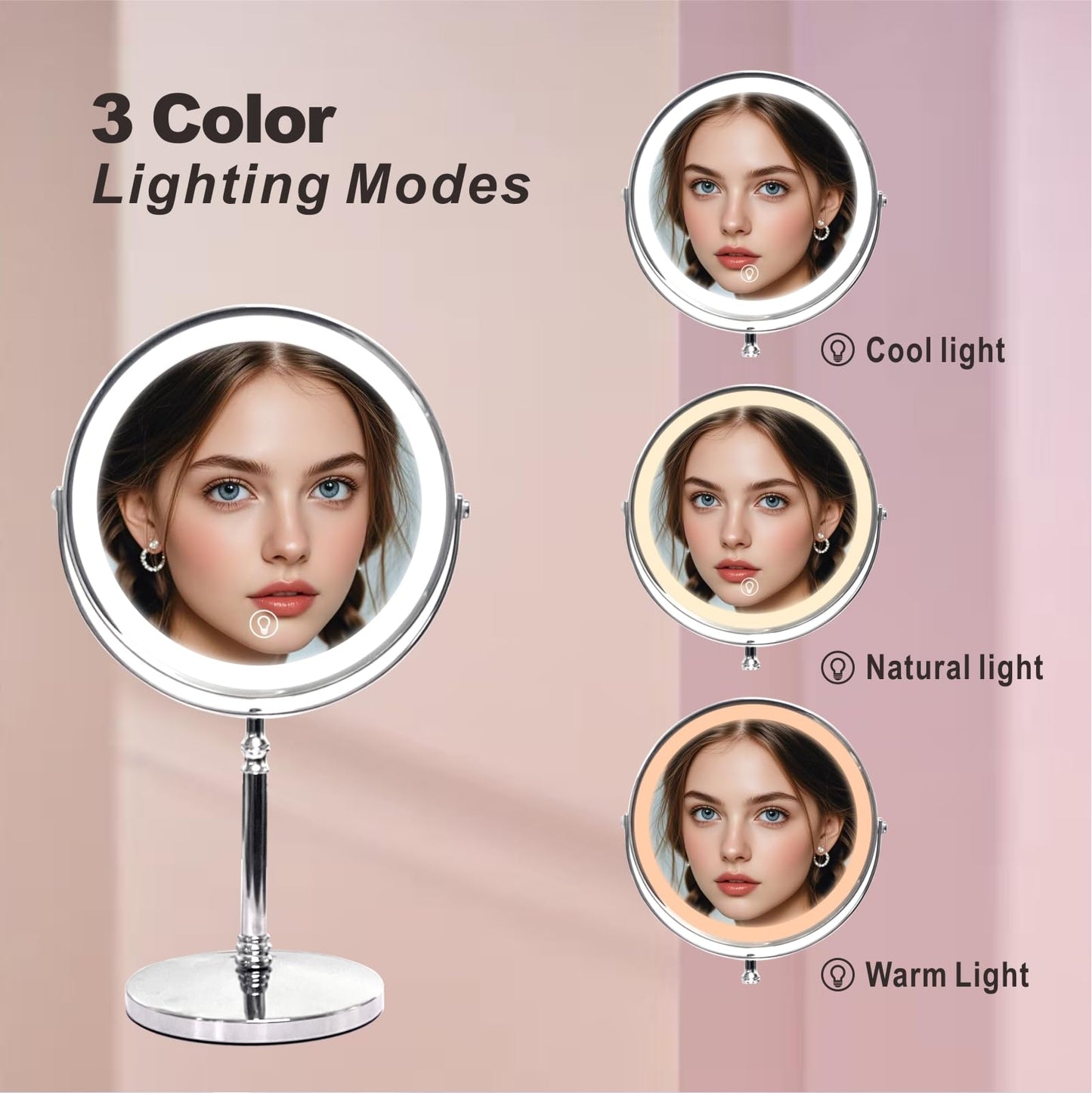 Makeup Mirror with Lights ，8 Inch 1X/10X Rechargeable Double Sided Magnifying, 360° Rotation LED HD Mirror with 3 Colors，Brightness Adjustable, Gifts for Women & Men