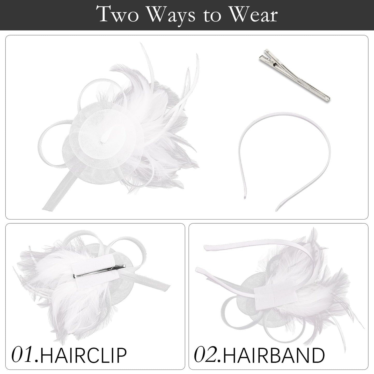 AMCAMI Fascinators Hats with Feather for Women 2025 Derby Hats Tea Party Hat with Headband and Clip White