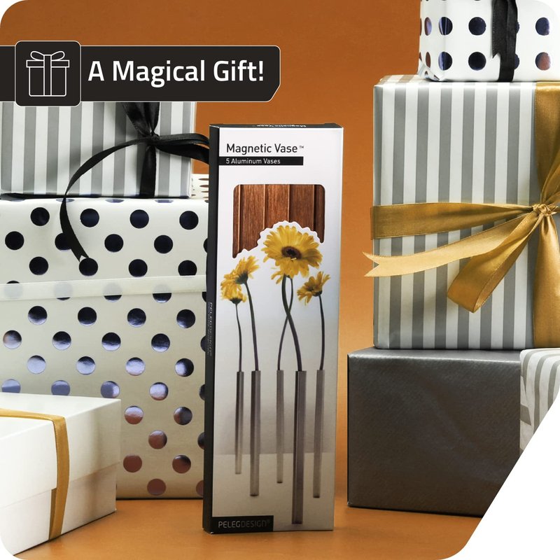 PELEG DESIGN Magnetic Bud Vase Set (Gold) - Unique Home Decor Gift & Modern Table Centerpiece - 5 Aluminum Single Stem Vases - 9.4" Tall Gravity Defying Decor