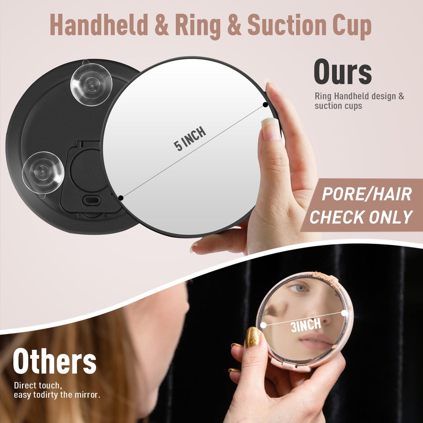 5" 40x Magnifying Makeup Mirror with Suction Cup,Compact Travel Size Vanity Mirror with Ring,40X Powerful+ Magnification Concave Mirror for Detailed Checking,Mid-size Portable Handheld Mirror