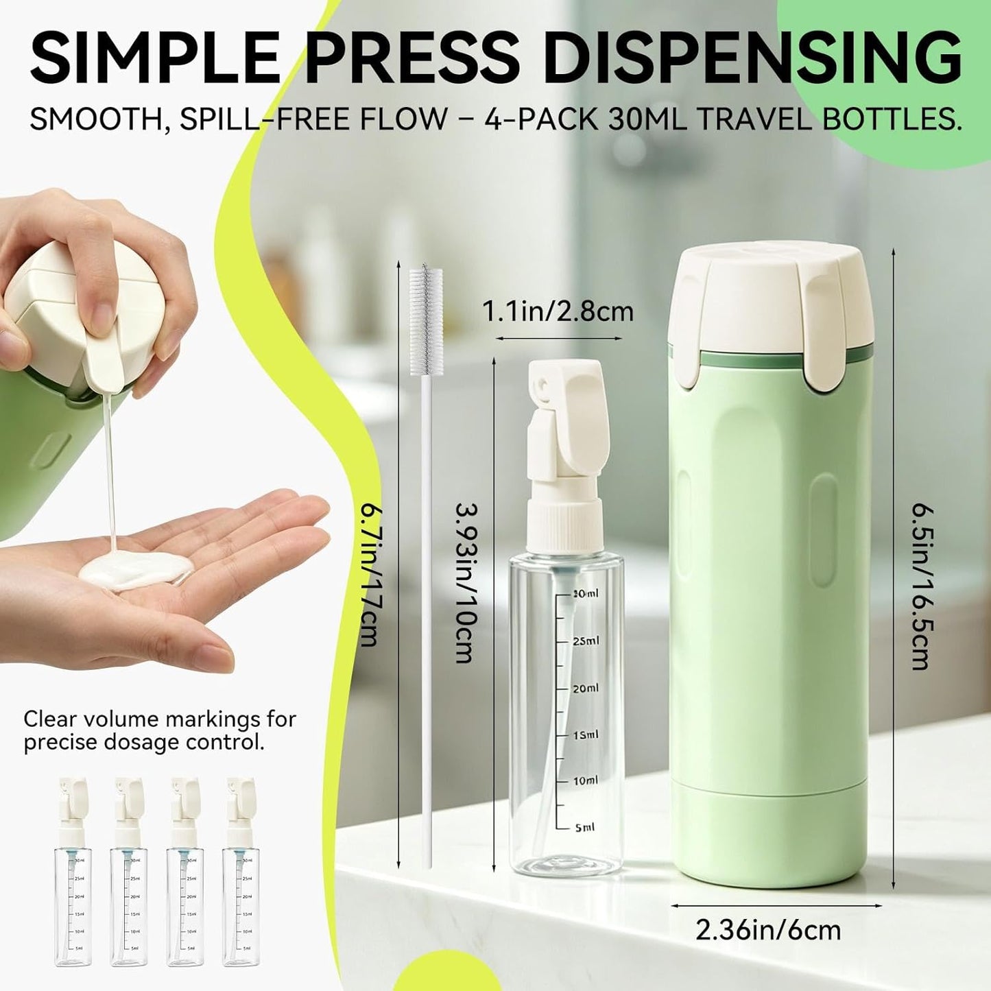 Travel Dispenser Bottles - 4 Pack 30ML Leak-Proof Toiletry Containers | Refillable Pump Bottles for Shampoo, Conditioner, Lotion