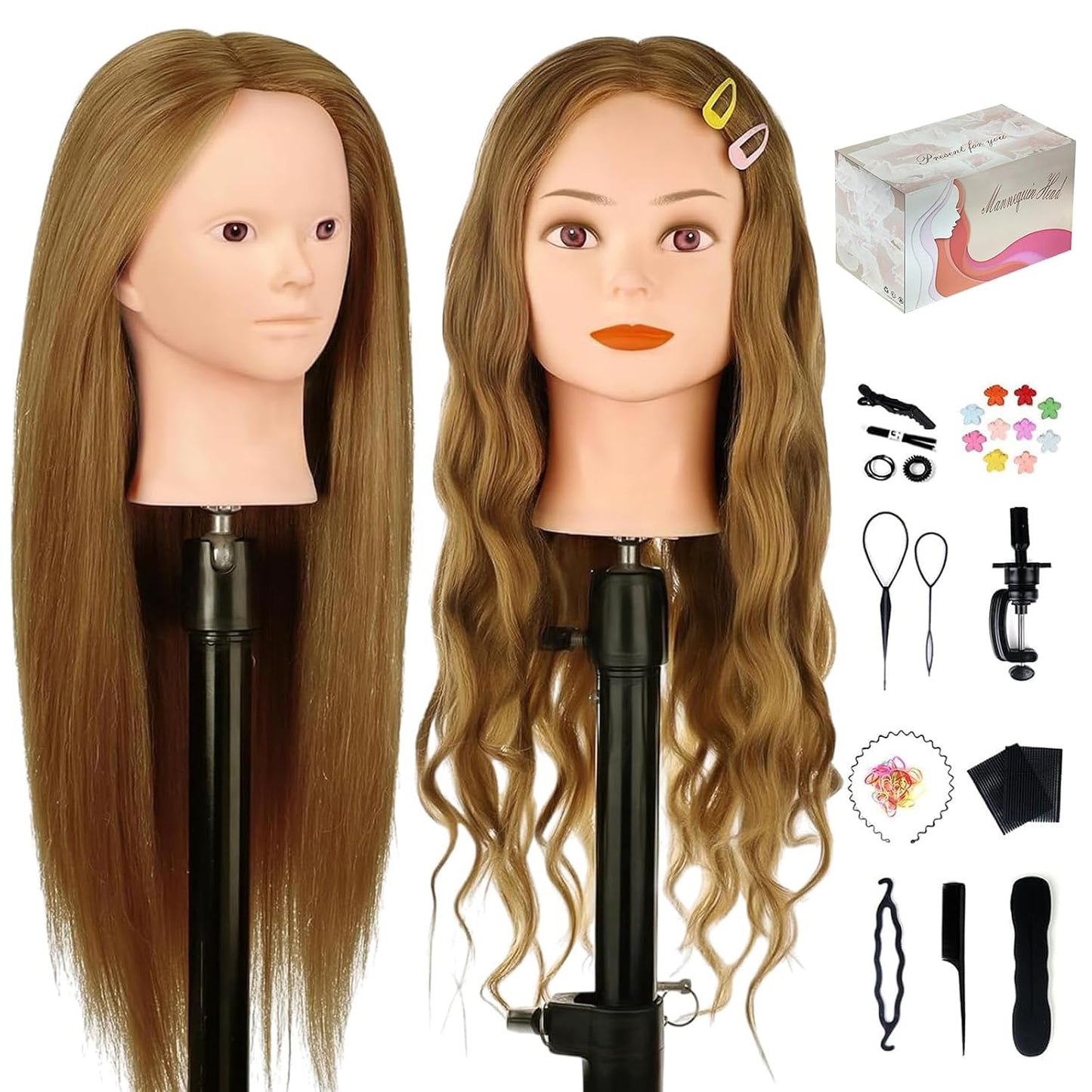Human Hair Mannequin Head - 20"-22" Cosmetology Doll with 30" Tripod Stand for Hair Styling Practice