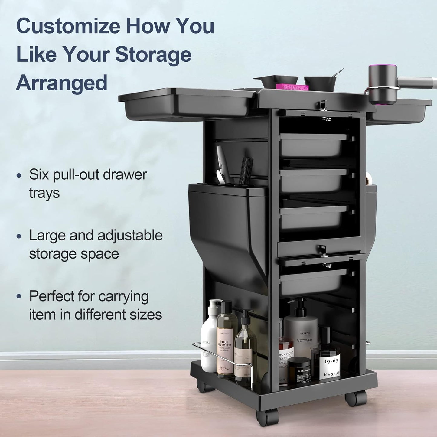Professional Locking Hair Salon Trolley - Rolling Cart with 6 Drawers for Easy Storage