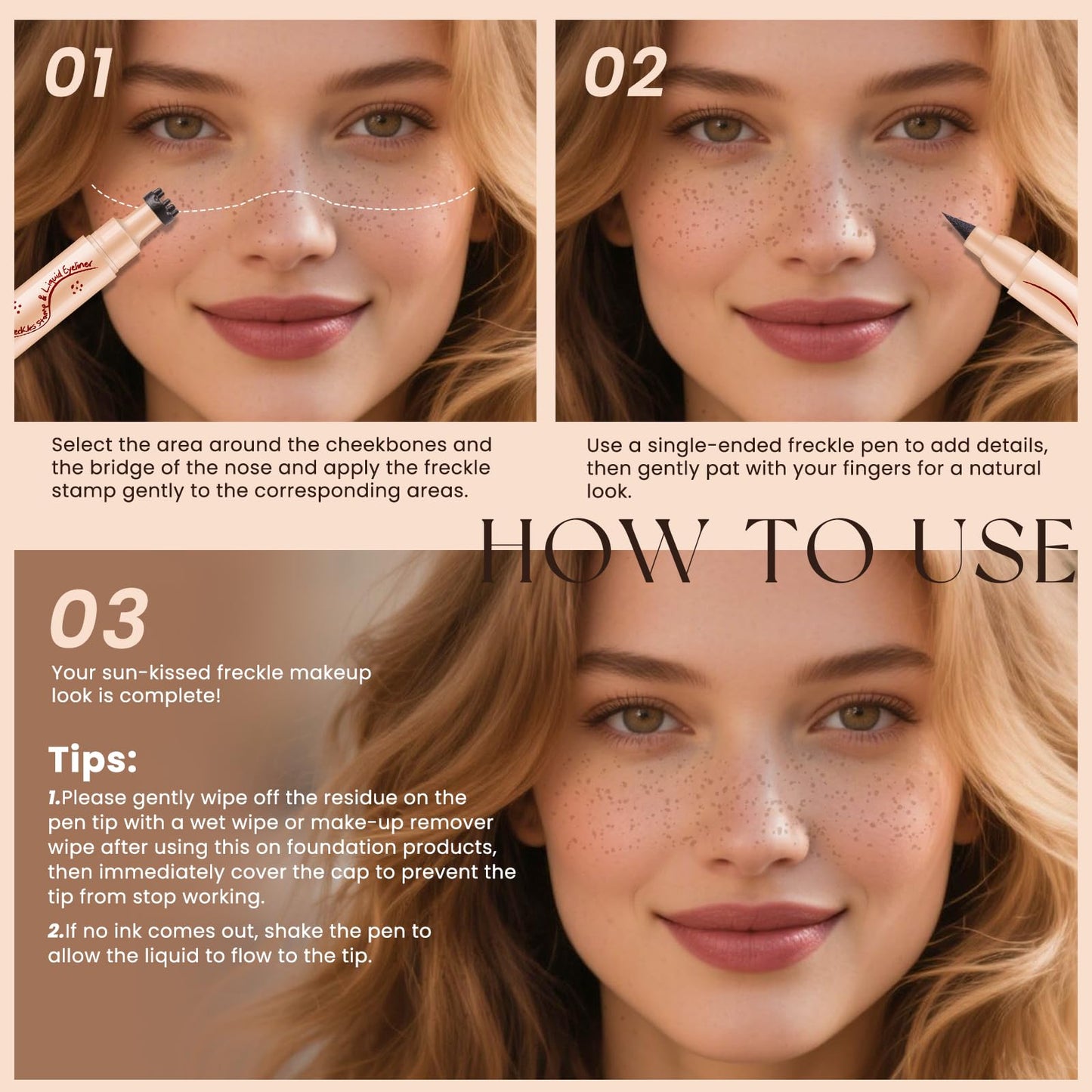 HOSAILY 2 in 1 Dual Ended Freckle Stamp&Freckle Pen, Waterproof Quick Dry Soft Dot Faux Freckles, Natural Lifelike Long Lasting Fake Freckle Marker Pencil Face Decoration Sunkissed Makeup