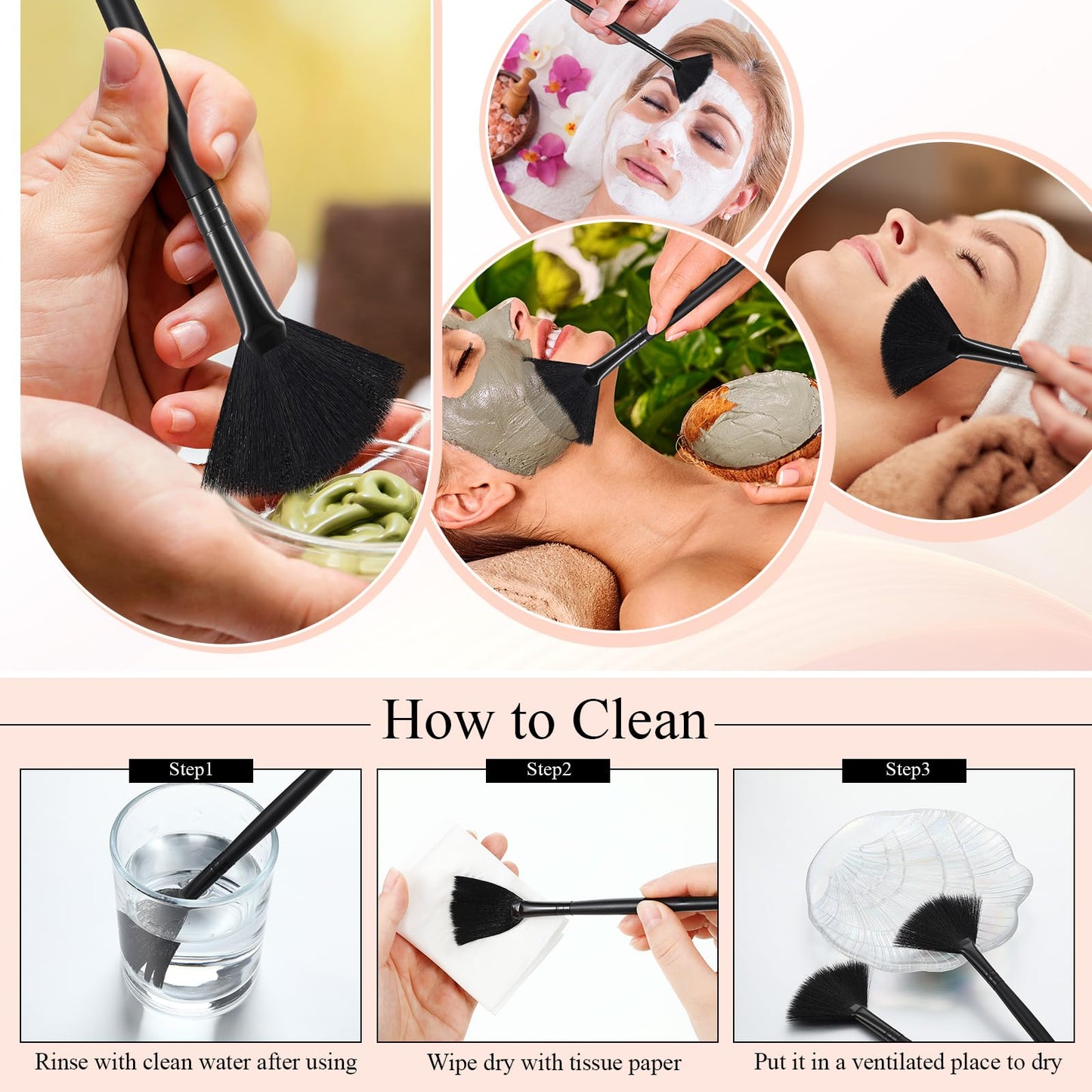 9 Pieces Facial Fan Mask Brushes, Soft Facial Applicator Brushes Tools for Peel Glycolic Makeup for Mud Cream(Full Black)