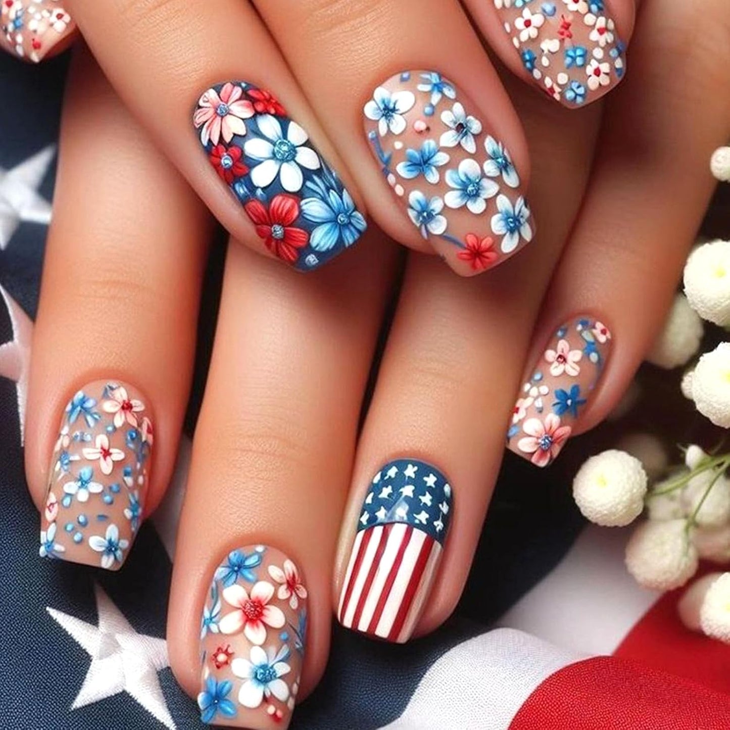 Press On Nails - Short Oval French Tip Design | Glossy Pink with Stars & American Flag - 24 Pcs