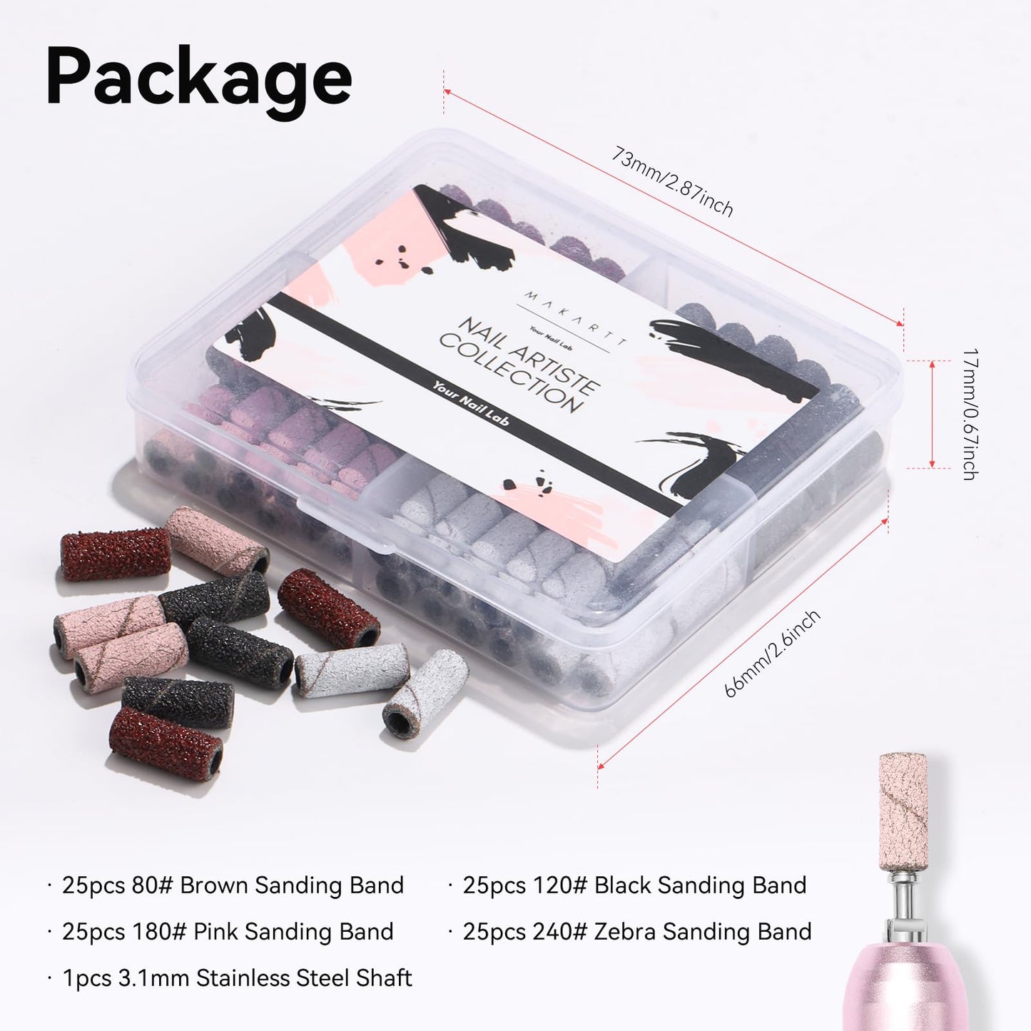 Makartt Nail Drill Bits Sanding Bands for Nail Drill, 100Pcs 4 Color Coarse Fine 80/120/180/240 Grit File Sand with 3.1mm Mini Mandrel Nail Bit Set for Acrylic Nails Gel Manicures and Pedicure