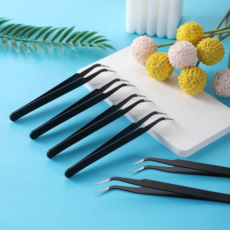 9 Pieces Craft Tweezers, Stainless Steel Curved Pointed Precision Tweezer Anti-Static Pointed Sticker Tweezers Fine Crafting Tweezer for Electronics, Soldering, Jewelry Making (Black)