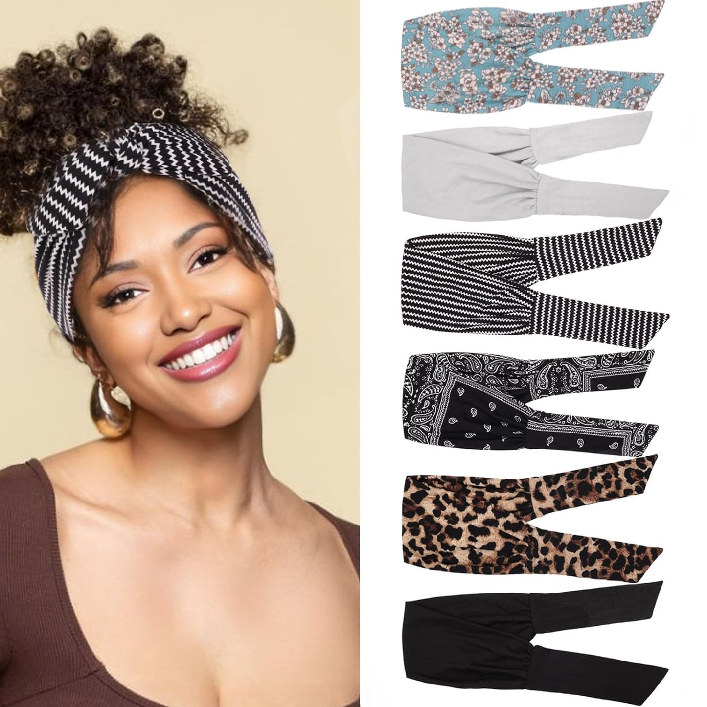 Adjustable Boho Headbands for Women - 6 Elastic Knotted Hair Accessories | Fashionable Wide Yoga Workout Bands