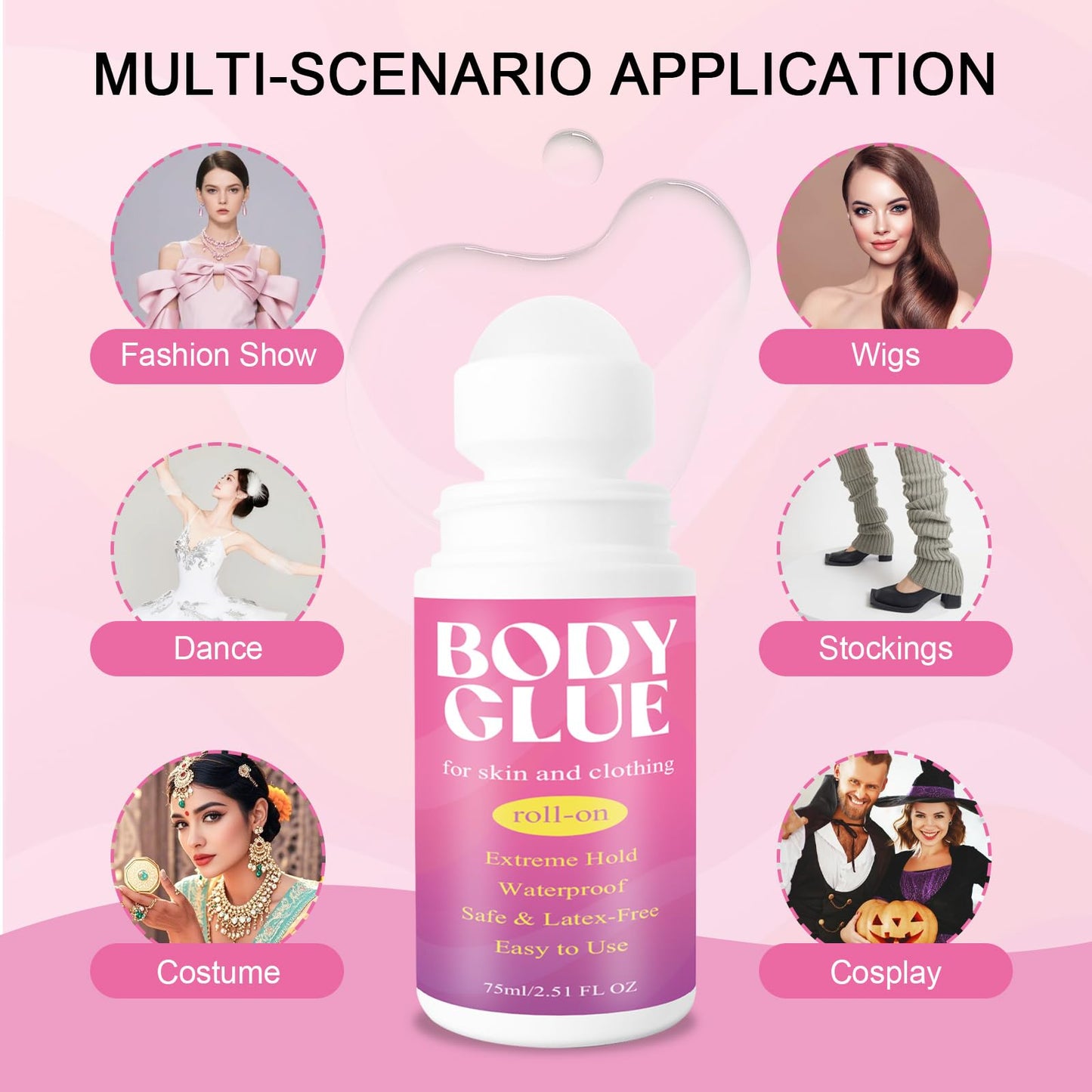 Strong Hold Body Glue for Skin and Fabric, Roll On Clothing Adhesive for Dresses and Dance Costumes, Sweat Resistant Fashion Glue for Socks, Strapless Tops, Performance Wear, 75ml (75ml)