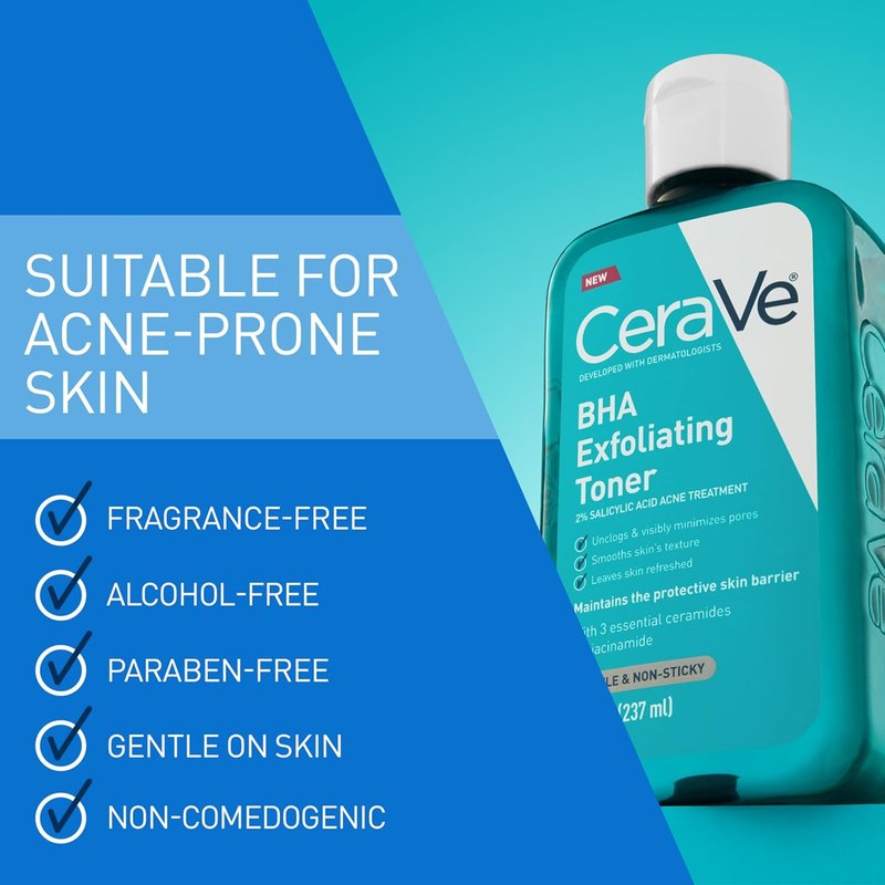 CeraVe BHA Exfoliating Facial Toner - Pore Minimizing & Smoother Skin with 2% Salicylic Acid | 8oz, Fragrance-Free, Sensitive Skin Safe