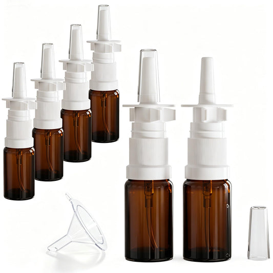 seafulee Nasal Spray Bottle, 6Pack 10ml (1/3oz) Amber Glass Empty Travel Sized Refillable With Fine Mist Narsal Squeeze Bottle, Nose Sprayer With Funnel (Amber 10ml 6P)